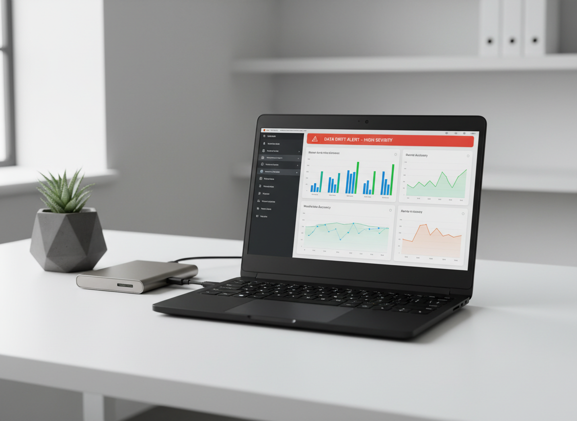 A close-up of a matte-black laptop on a tidy white workstation, its high-resolution screen displaying a detailed AI dashboard with colorful performance metrics, model accuracy graphs, and data drift alerts in a polished enterprise UI. Beside the laptop sits a slim metallic docking station and a small, geometric dark-gray planter holding a neatly trimmed succulent, adding a touch of organic contrast. Soft daylight filters through an unseen window, creating diffused, natural lighting that gently illuminates the workspace and casts subtle shadows. The composition follows the rule of thirds from a slightly angled, eye-level perspective, with a shallow depth of field softly blurring the background. The mood is calm, efficient, and focused, with photographic realism and a clean, modern aesthetic that communicates operational AI readiness.