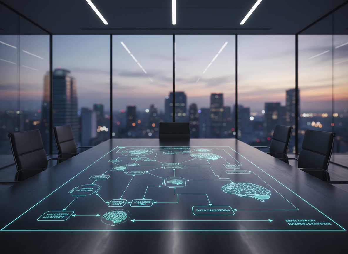 A large, dark charcoal metal conference table topped with a thin, glowing holographic blueprint of an AI system architecture, including labeled nodes, data flows, and neural network diagrams rendered in cyan and white light. The table is set in a minimalist glass-walled boardroom overlooking a blurred modern cityscape at dusk. Cool, indirect ceiling lighting combines with faint city lights to create a balanced, professional illumination, highlighting the holographic lines while casting gentle reflections on the table surface. The atmosphere feels strategic and forward-looking. Captured from a slightly elevated angle, with the hologram in sharp focus and the city softly blurred, the photographic style is crisp, corporate, and sophisticated, ideal for illustrating AI implementation planning.